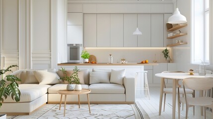 Fototapeta na wymiar A spacious and airy studio apartment designed in Scandinavian style, with a living area showcasing trendy furnishings and a kitchen space detailed with modern touches, all bathed in warm pastel, white