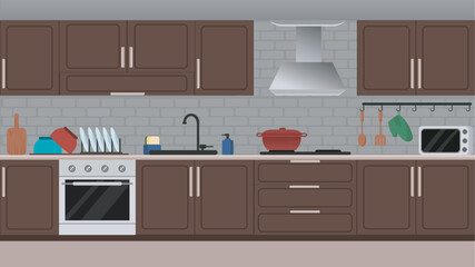 Vector illustration of modern kitchen interior design with various utensils and appliances like wooden cabinets, drawers, microwave oven and cooking tools.