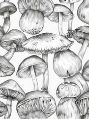 Detailed drawing of various mushrooms clustered together in a forest setting