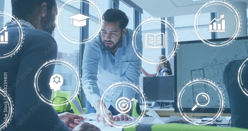 Poster image of icon in circles over diverse architects discussing about floor plan on blueprint
