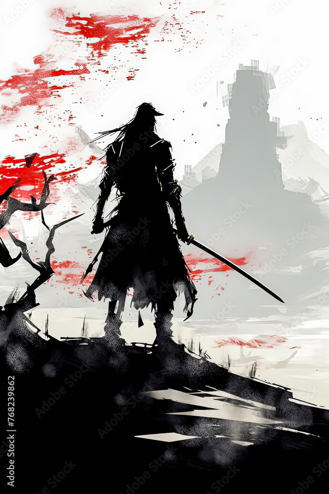 Poster a man in black is holding a sword and standing in front of a red circle.