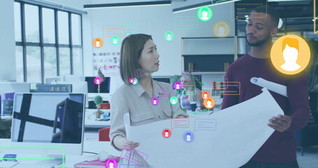 Image of profile icons and message boxes, diverse architects discussing floor plan on blueprint