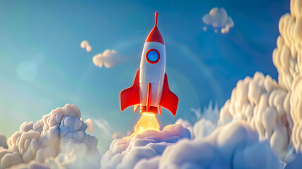 Cartoon rocket launching into blue sky