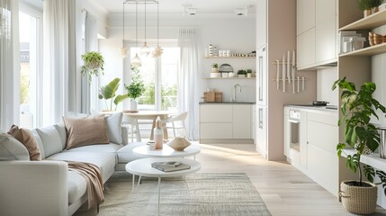 Fototapeta na wymiar A spacious and brightly lit studio apartment, designed in Scandinavian style with warm pastel, white, and beige tones, featuring trendy furniture in the living space and modern kitchen details