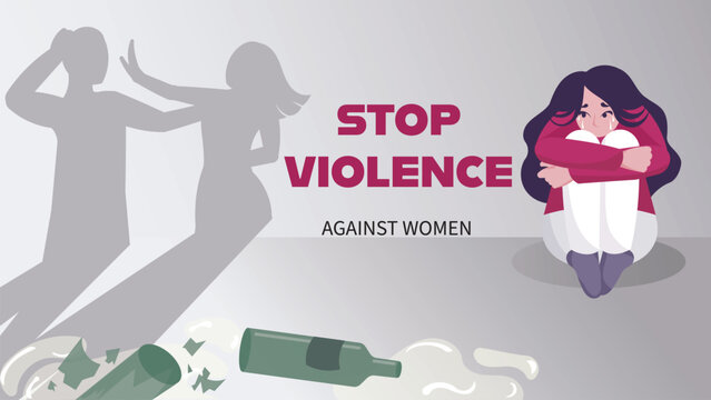 Vector illustration of the end of violence against women advocacy campaign poster. Silhouetted figures of distressed woman in defensive posture and the bold statement STOP VIOLENCE AGAINST WOMEN.
