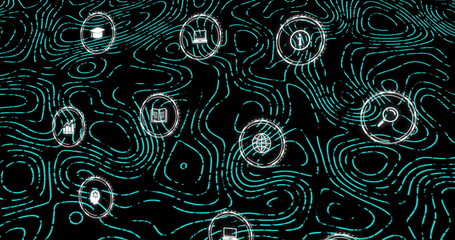 Image of network of connections with icons on black background