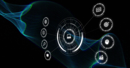 Fototapeta premium Image of network of connections with icons on black background