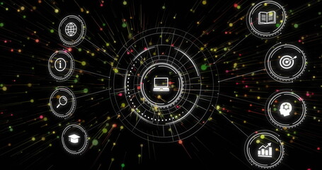 Fototapeta premium Image of network of connections with icons on black background