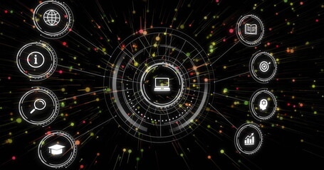 Image of network of connections with icons on black background