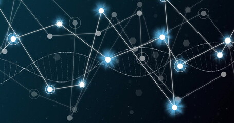 Image of dna strand over network of connections with glowing spots