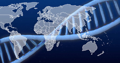 Image of dna strand over world map on blue background