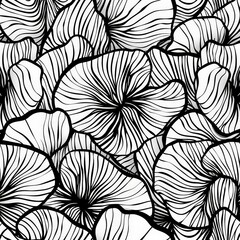 A detailed black and white drawing showcasing various types of flowers in full bloom