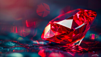 Radiant red diamond on a reflective surface