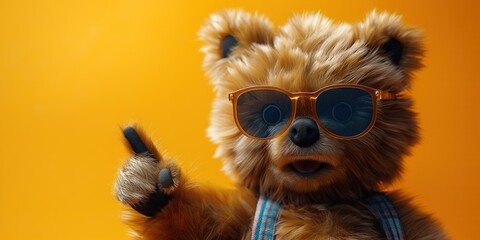 Fototapeta premium plush teddy bear in sunglasses points finger at copy space on orange isolated background