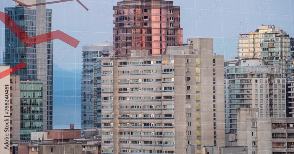 Poster image of red lines and financial data processing over buildings