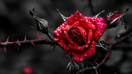 Crimson rose with dew drops on dark background