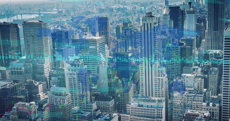 Image of financial data processing over buildings