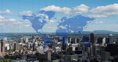 Image of world map and financial data processing over buildings