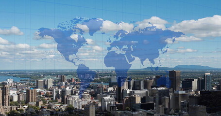 Image of world map and financial data processing over buildings