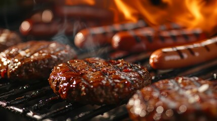 Grilled burgers and sausages on barbecue grill with flames. Close-up macro shot of meat cooking - obrazy, fototapety, plakaty