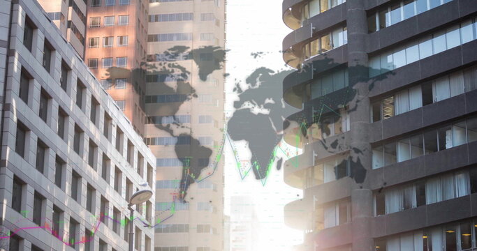Image of world map and financial data processing over buildings