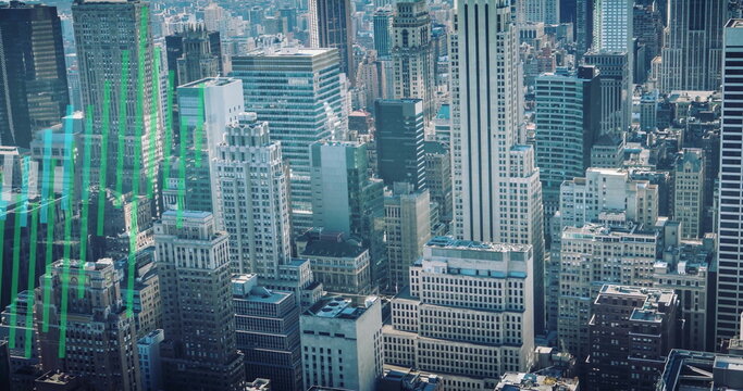 Image of financial data processing over buildings