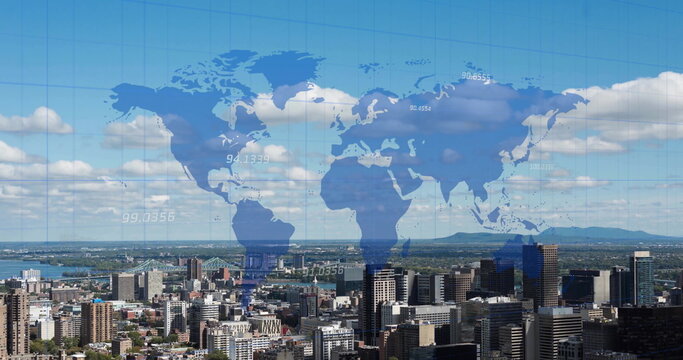 Image of world map and financial data processing over buildings