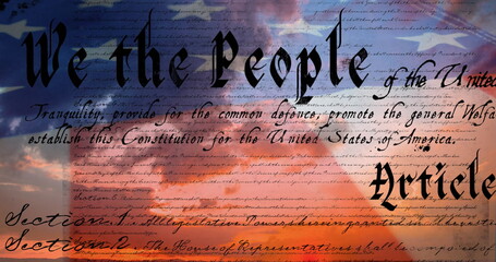Digital image of a written constitution of the United States moving in the screen with a flag while  - Powered by Adobe