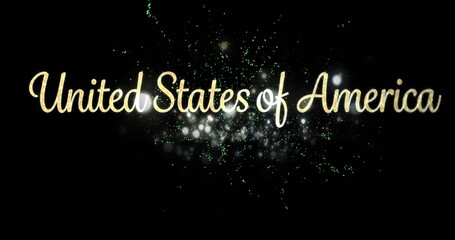 Digital image of a United States of America text in cursive appears in the screen with green firewor - obrazy, fototapety, plakaty