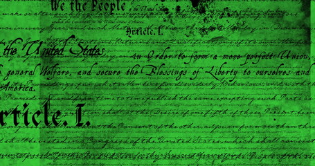 Obraz premium Digital image of a written constitution of the United States moving in the screen against a green ba