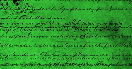 Fototapeta premium Digital image of a written constitution of the United States moving in the screen against a green ba