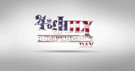 Digital image of a red independence day text below a 4th of July greeting with an American flag desi