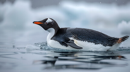Playful penguin sliding on its belly across the ice