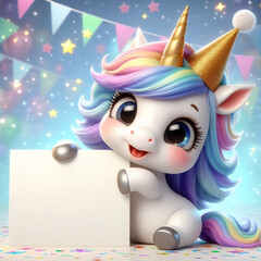 Small cute unicorn holding a blank sign for copy space, party themed background, shaded realistic style