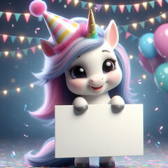 Small cute unicorn holding a blank sign for copy space, party themed background, shaded realistic style