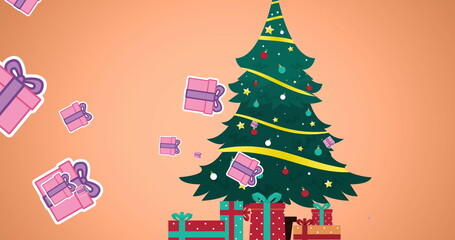 Gift box icons falling over christmas tree and orthodox christmas text against orange background