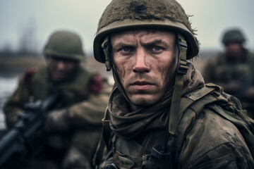 Soldier on battlefield. Military operation. Military job offer. Army professions. World War. Turf war. AI.