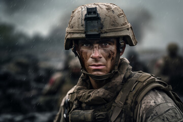 Soldier on battlefield. Military operation. Military job offer. Army professions. World War. Turf war. AI.