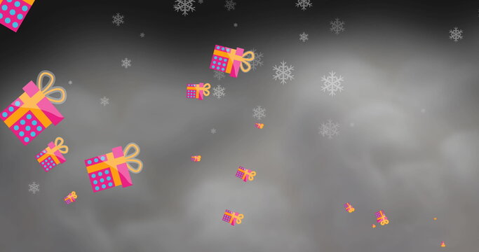 Image of christmas presents and snow falling