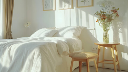 Flowers on wooden stool and pouf in white bedroom interior with posters above bed. Real photo - obrazy, fototapety, plakaty