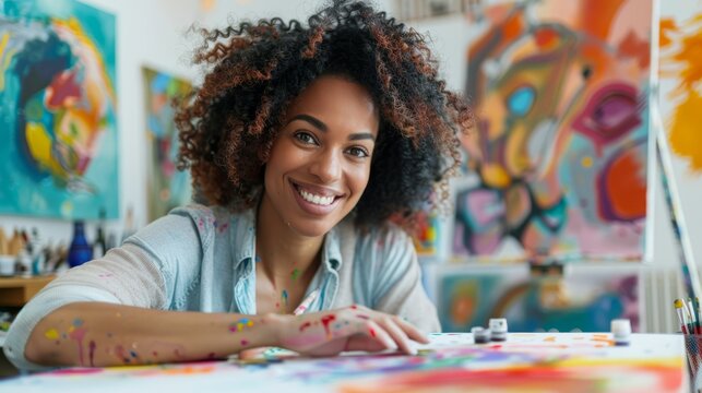 Smiling female artist with paint on her arms, leaning on a table in an art studio. Close-up portrait with colorful abstract paintings in the background.