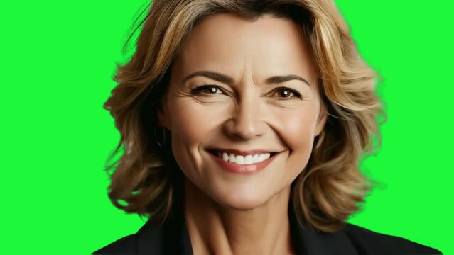 Close up head shot confident mature businesswoman smiling, on a green background, generative ai video