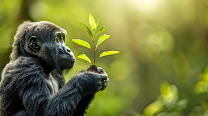 Young gorilla examining a sapling in natural habitat