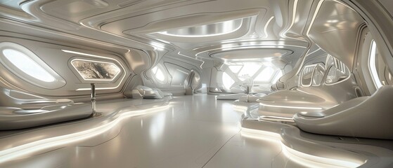 A Modern and sleek interior design of a futuristic spacecraft cabin with minimalist white furniture.