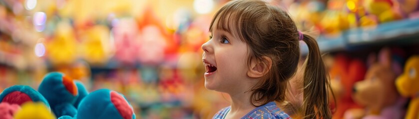 A joyful little girl looking with amazement at a colorful display of stuffed animals in a warm and inviting toy store.