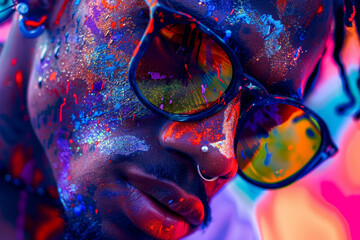 A man with colorful face paint and sunglasses