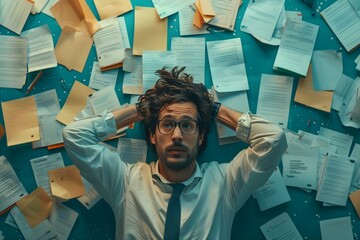 Stressed office worker surrounded by paperwork looking frustrated and overwhelmed by the workload. Concept Workload stress, Office frustration, Paperwork overload, Overwhelmed desk, Stressed employee