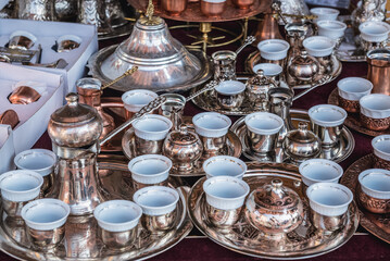 Coffee and tea services on souvenirs stand on Bascarsija area of Sarajevo, Bosnia and Herzegovina