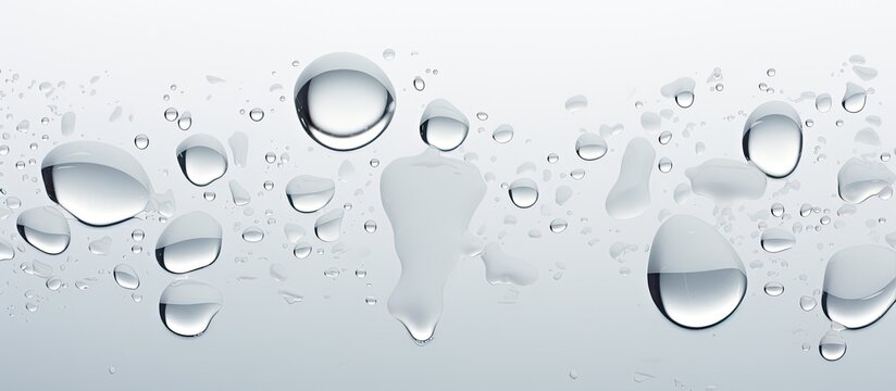 A cluster of liquid drops on a white surface, resembling silver circles of moisture. The event left a gleaming effect on the metal font
