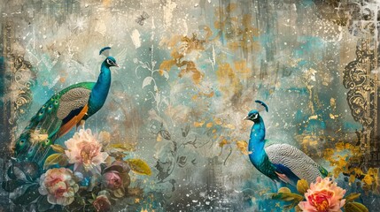 Obraz premium Vintage Textured Abstract Art Background with Floral Plants, Peacocks, and Gold Accents